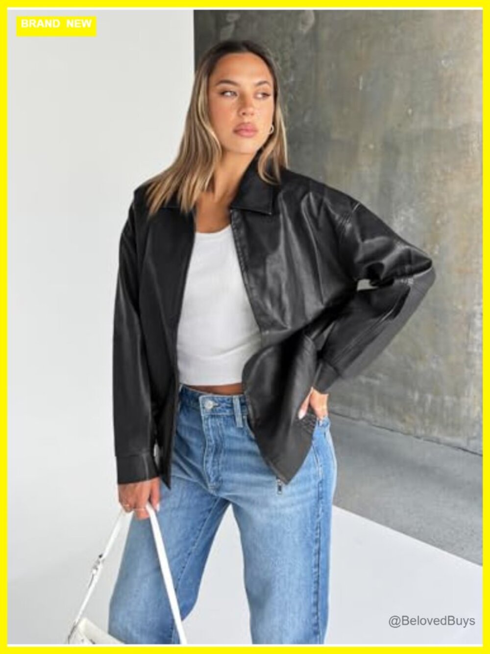 Oversized Faux Leather Moto Bomber Jacket for Spring Fall Layering - Picture 5 of 5